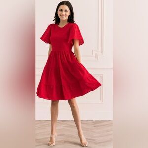 Rachel Parcell Short Sleeve Mixed Eyelet A-Line Dress in Red Chinoise TB5